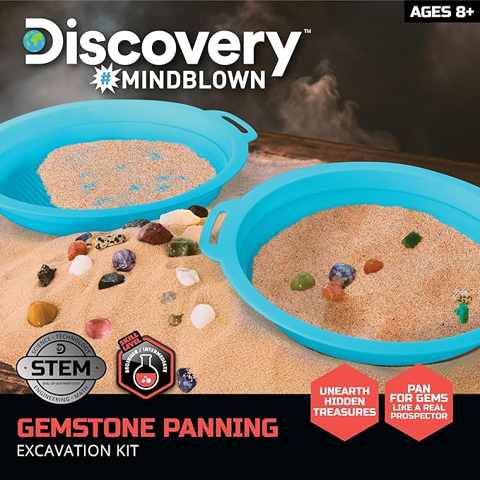 Discovery™ Gemstone Panning STEM Kit – Pan for 30 Real Gems| 2 Sifting Pans, Sand & Learning Guide| Educational Science Activity for Kids| Geology Rock Excavation Set| Boys & Girls Toy Gift| Ages 8+