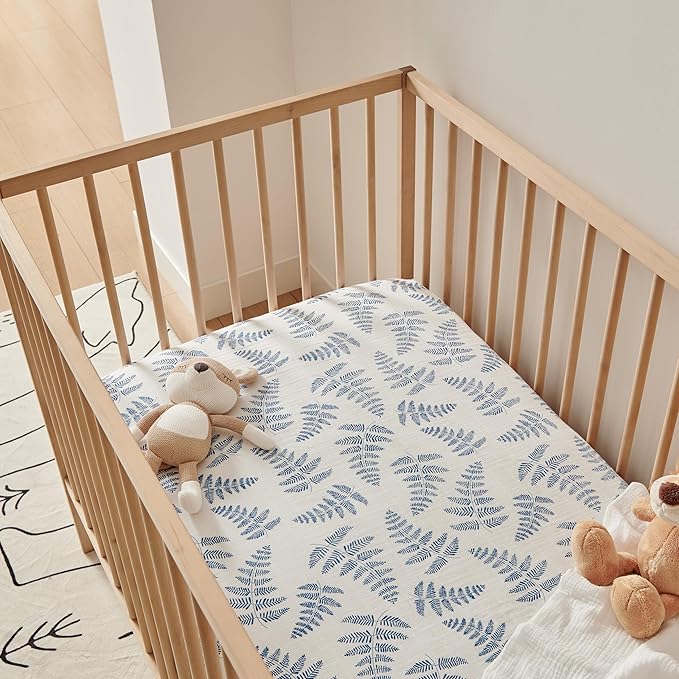 Margaux & May Organic Muslin Cotton Baby Crib Sheet, Blue Fern Print, Fitted, Breathable, Toddler Bedding, 52 x 28, Deep Pocket, Organic Crib Sheets for Cozy Sleep