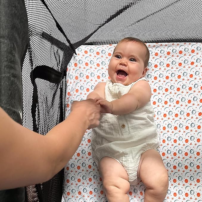 Quiggly Travel Crib Sheets for Guava Lotus, 2 Pack Organic Cotton Jersey Knit, Space, Planet & Star Patterns - Fits Travel Crib Mattress for Boys & Girls