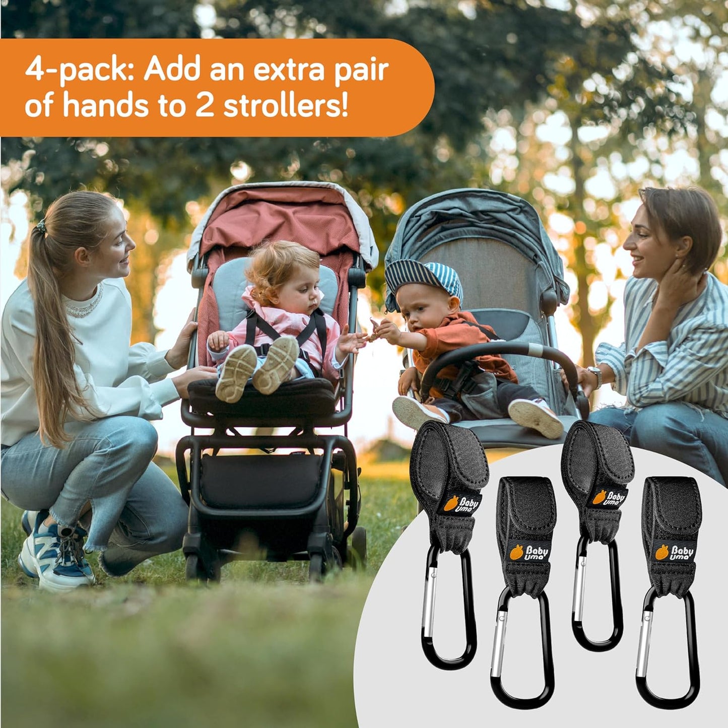 Baby Uma 4-Pack Stroller Hooks - Universal Bag Clips for Diaper Bags, Carry 11 lbs Each, Adjustable Straps