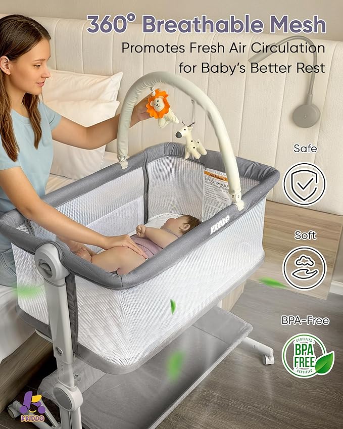 KRIDDO 2-in-1 Baby Bassinet for Infant, Bedside Bassinet with All-around Breathable Mesh, Lockable Wheels, Adjustable Height and Incline, Bedside Sleeper for Baby with Large Storage Basket, Light Grey