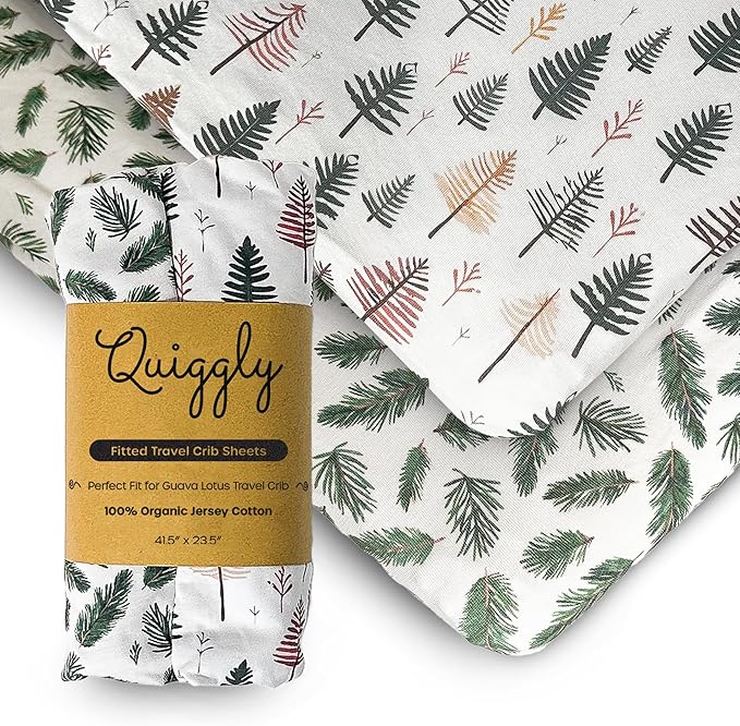 Quiggly Travel Crib Sheets for Guava Lotus, 2 Pack Organic Cotton Jersey Knit, Vibrant Forrest & Tree Patterns - Fits Travel Crib Mattresses for Boys & Girls
