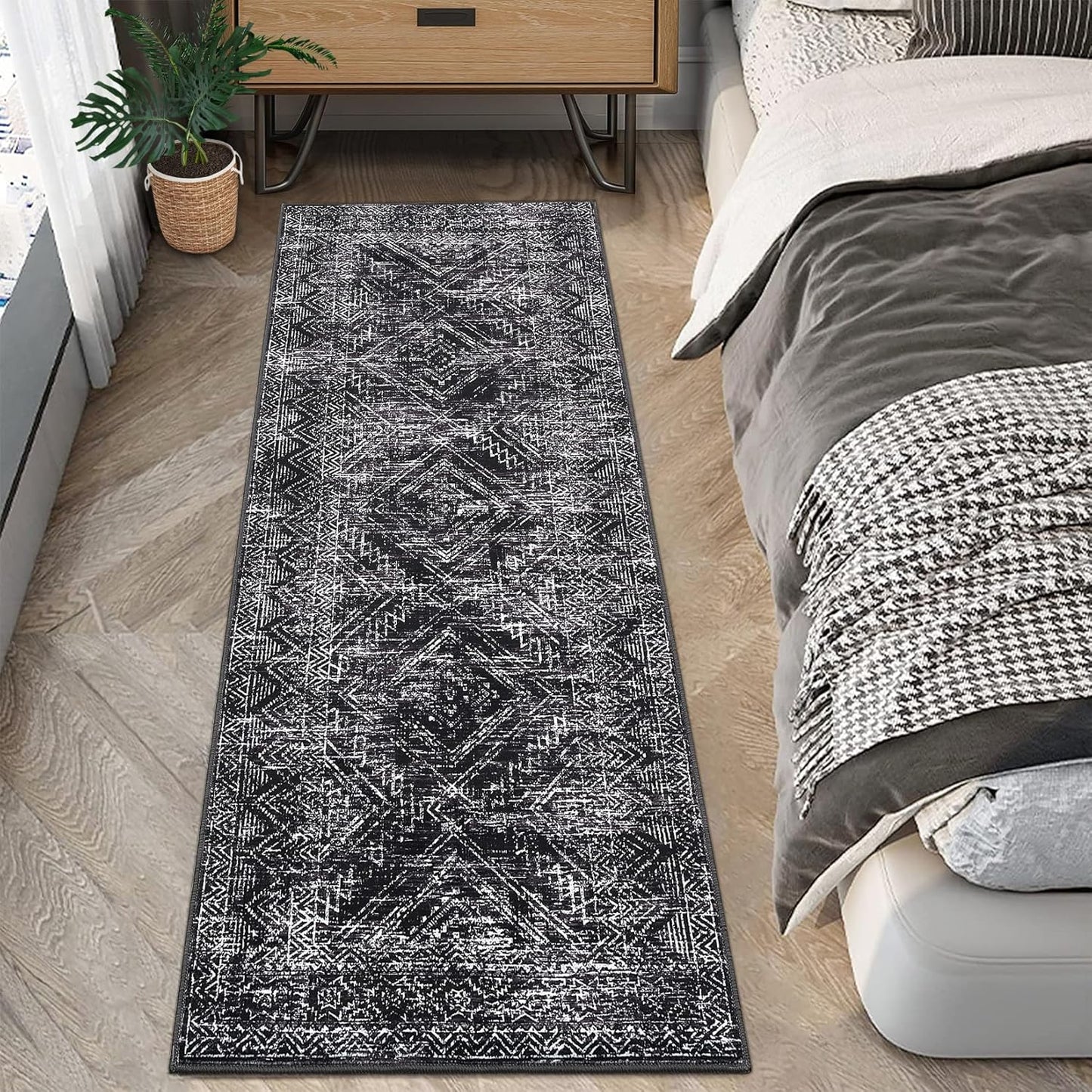 COZYLOOM Rug Runners 2x8 Washable for Hallway Vintage Non Slip Area Rug Geometric Soft Throw Rugs Low Pile Stain Resistant Carpet for Office Dining Room Living Room, Black