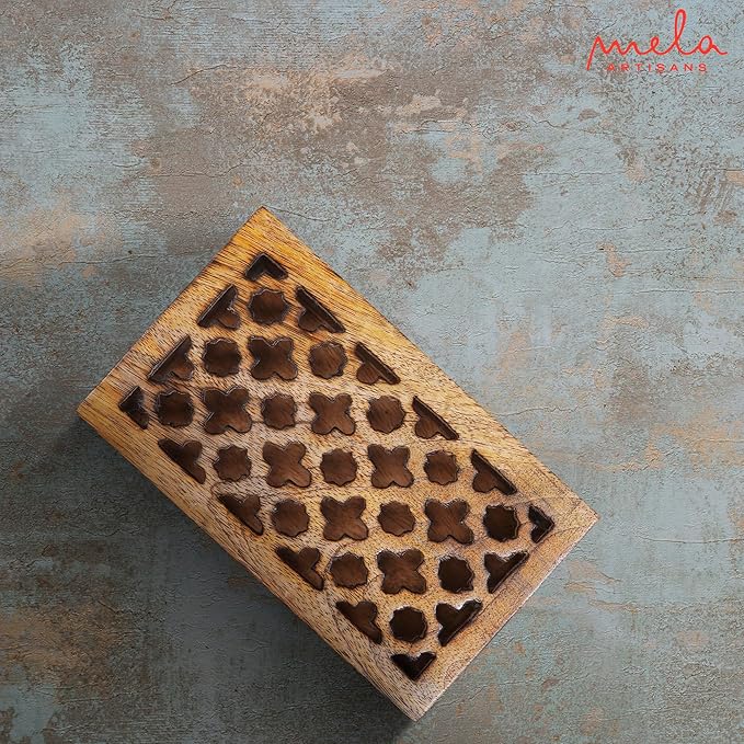 Mela Artisans Wooden Keepsake Box | Medium Burnt Mango Wood Memory & Photo Storage Box with Hinged Lid | Decorative Storage Box | Medium | 7.5x4.5x3 Inch