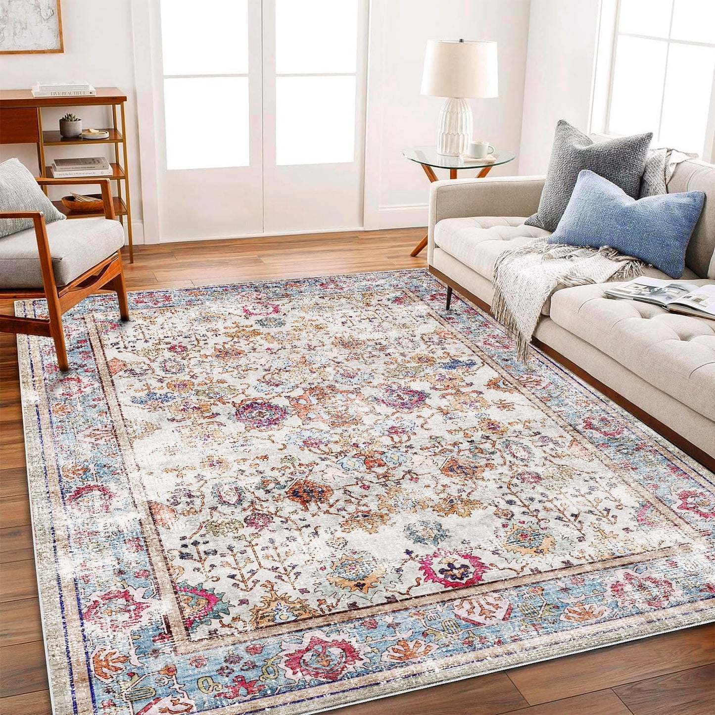 5'x7' Washable Vintage Area Rug Traditional Floor Cover Foldable Kitchen Accent Thin Rug Indoor Distressed Non Slip Carpet Floral Print Mat Bedroom Living Room Bathroom