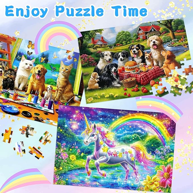 100 Piece Puzzles for Kids Ages 4-6, 4 in 1 Jigsaw Puzzles for Kids Ages 6-8, Sea World Cats Dogs Unicorn Learning Educational Children Puzzles 5-8 for Boys and Girls