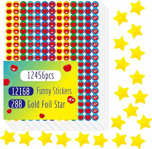 12456 Round Stickers, 12100+ Incentive Reward & 288 Gold Foil Star Stickers in 14 Colors & Designs - Reward Behavior Chart (0.4" Each)