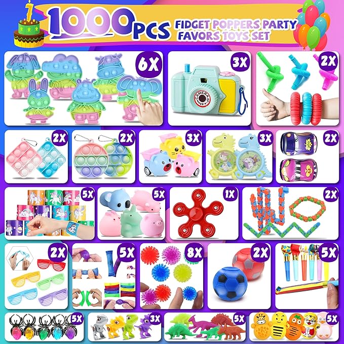 1000+ PCS Party Favors for Kids,Fidget Toys Pack,Christmas Stocking Stuffers,, Birthday Gift, Treasure Box,Goodie Bag Stuffers, Carnival Prizes, Toys Filler Sensory Toy for Classrooom