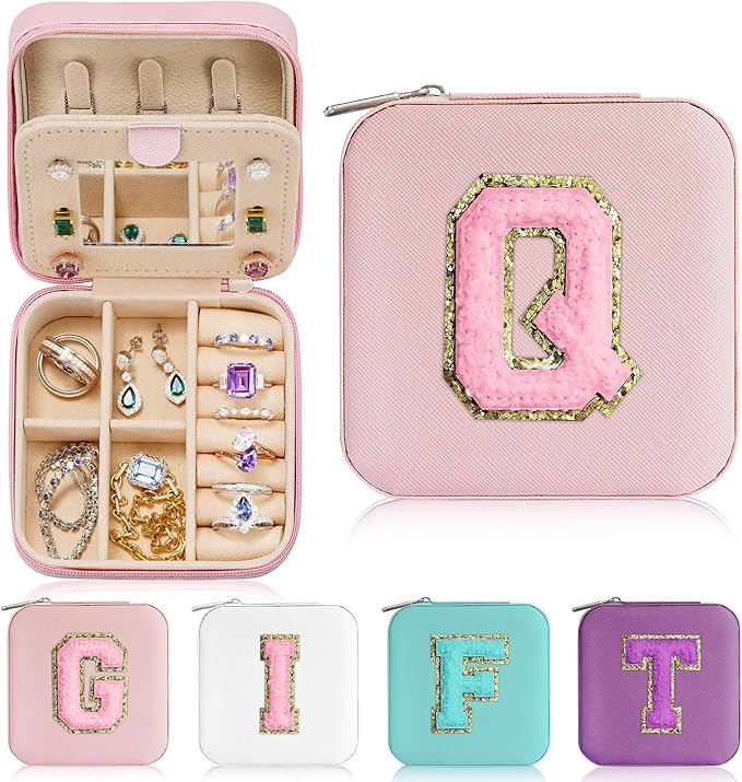 Parima Jewelry Organizer Box, Small Jewelry Box for Women Girls Initial Q Travel Jewelry Case Small Jewelry Organizer Box Travel Jewelry Case Jewelry Box Organizer - Letter Q, Pink