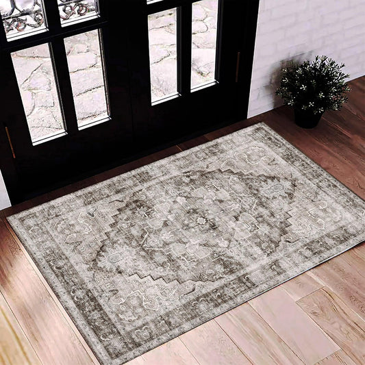 2'x3' Deep Khaki Area Rug Washable Door Mat Vintage Distressed Doormat Indoor Entrance Traditional Thin Floral Print Non Slip Carpet for Kitchen Bathroom Bedroom Living Room