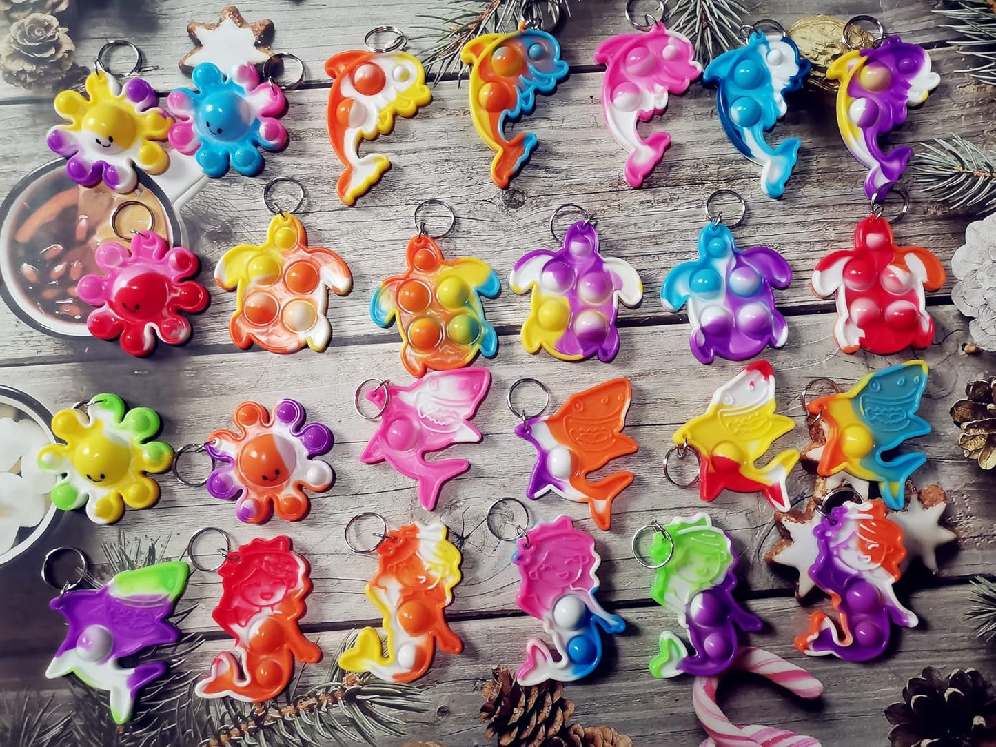 Bulk 25 Packs Ocean Animal Fidget Mini pop Keychain Rainbow Sensory Push Toy for Friend Birthday Summer Party Favors and Holiday Children Kids Students Small Prize Gift