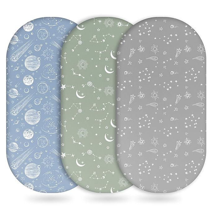 Baby Bassinet Sheets Girl Boy, Fitted Bassinet Sheet Set 3 Pack Bassinet Mattress Sheets Universal Fit for Rectangle, Round, Oval, Hourglass Mattress, Soft Breathable Green Gray Constellation