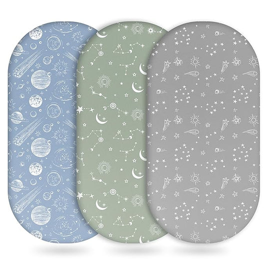 Baby Bassinet Sheets Girl Boy, Fitted Bassinet Sheet Set 3 Pack Bassinet Mattress Sheets Universal Fit for Rectangle, Round, Oval, Hourglass Mattress, Soft Breathable Green Gray Constellation