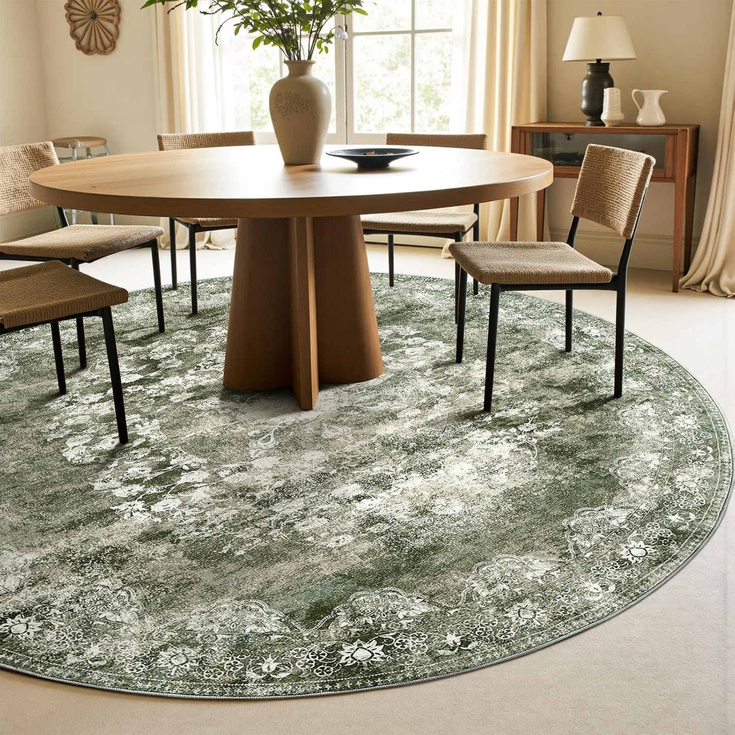 jinchan Round Rug 7ft Area Rug - Green Vintage Floor Mat Kitchen Indoor - Washable Circle 7' Thin Floral Print Carpet Retro Farmhouse Non Slip Dining Room Living Room Bedroom Office