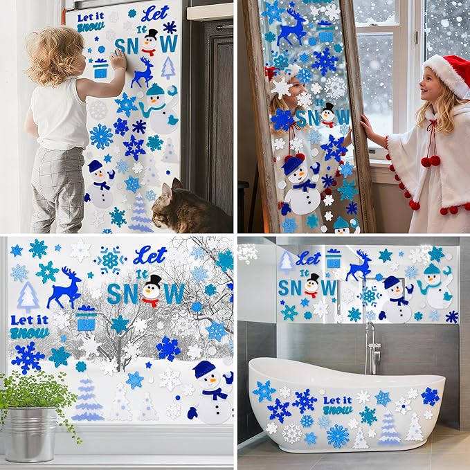 Christmas Window Clings Gel Blue and White Snowflake Snowman 6-Piece Set, Christmas Decorations for Glass Windows and Wall, Winter Glitter Snowflake Window Clings, School Home Xmas Party Decorations