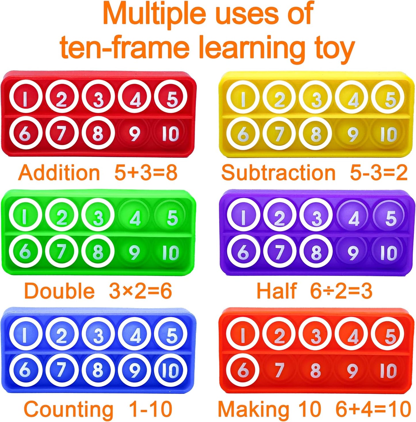 Ten Frame Pop Math Manipulatives - Set of 6 Silicone Fidget Toys for Kindergarten Classrooms - Engaging Educational Counting & Addition Toys for Kids 3 4 5 Years Old