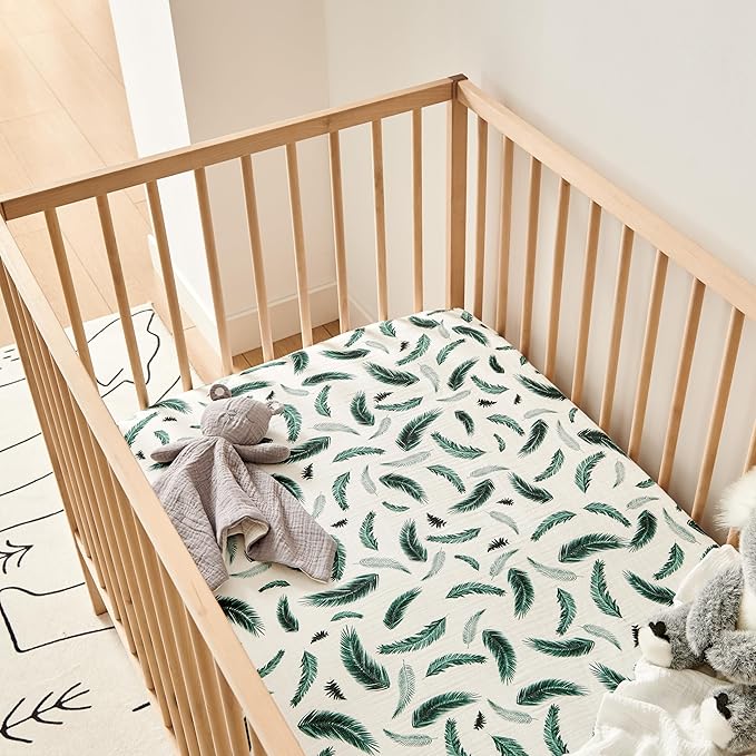 Margaux & May Organic Muslin Cotton Baby Crib Sheet, Green Feather Print, Fitted, Breathable, Toddler Bedding, 52 x 28, Deep Pocket, Organic Crib Sheets for Cozy Sleep