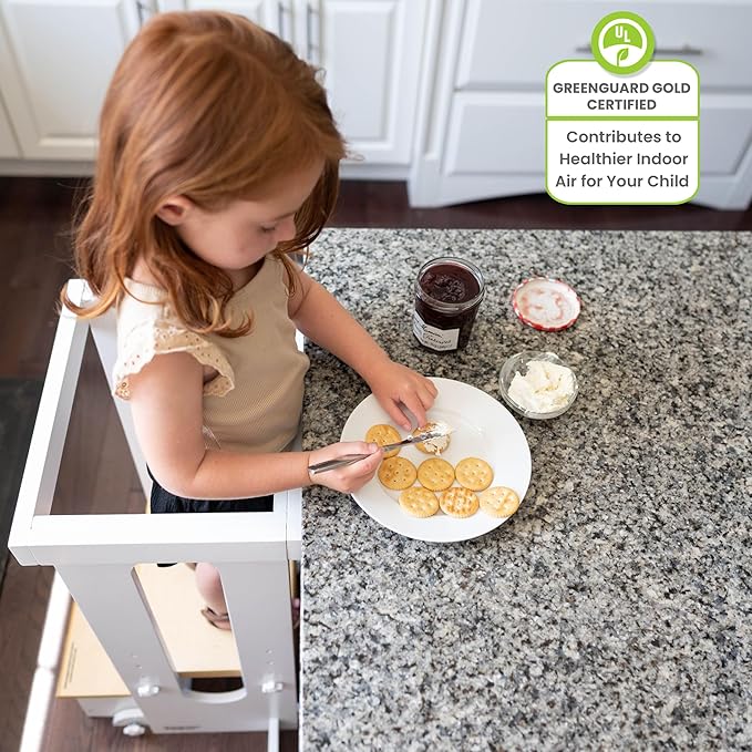 Little Partners Foldable Toddler Tower, Learning Tower Explore 'N Store Montessori Standing Kitchen Tower with Folding Step Stool Platform for Cooking and Learning, Ages 2+ (White w/Natural)