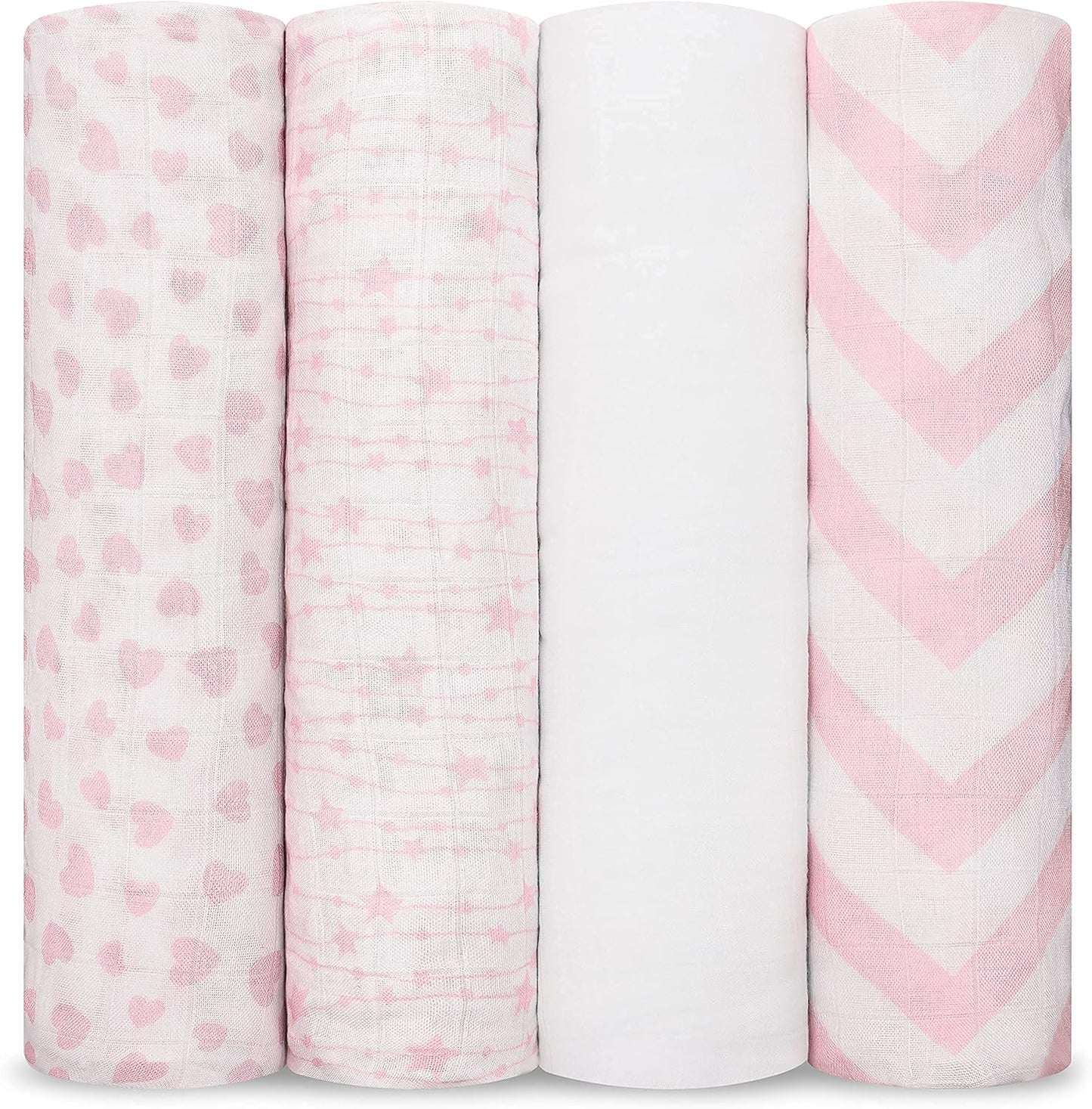 Comfy Cubs Muslin Swaddle Blankets Pack of 4, 47 x 47 Inches, Soft Cotton Baby Blanket Set, Large Multipurpose Swaddling Wraps for Newborns - Self-Soothing Swaddle - Pink