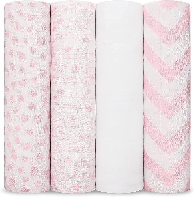 Comfy Cubs Muslin Swaddle Blankets Pack of 4, 47 x 47 Inches, Soft Cotton Baby Blanket Set, Large Multipurpose Swaddling Wraps for Newborns - Self-Soothing Swaddle - Pink
