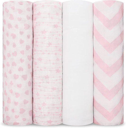 Comfy Cubs Muslin Swaddle Blankets Pack of 4, 47 x 47 Inches, Soft Cotton Baby Blanket Set, Large Multipurpose Swaddling Wraps for Newborns - Self-Soothing Swaddle - Pink