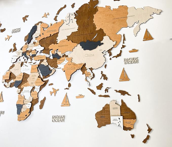 Wooden World Map 3D Art Large Wall Decor - Size (M & L & XL) Any Occasion Gift Idea - Wall Art For Home & Kitchen or Office (COFFEE, 83,86" x 44,49")