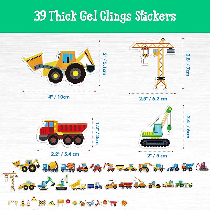39PCS Construction Vehicle Jelly Stickers, Removable Reusable Thick Engineering Vehicles Cling Gel Decal for Window, Door, Home, Classroom, Nursery, Party Supplies, Kids, Toddlers, Adults (Not Edible)