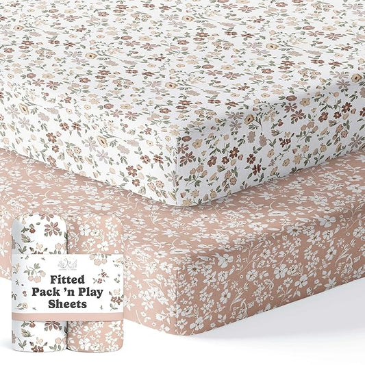 Pack and Play Sheets Fitted, Mini Crib Sheets for Graco Pack N Play Playard (38x26), Ultra Soft Organic Cotton Blend, Safe & Snug Playpen Mattress Sheet for Baby Boys & Girls – Fleurette, 2-Pack