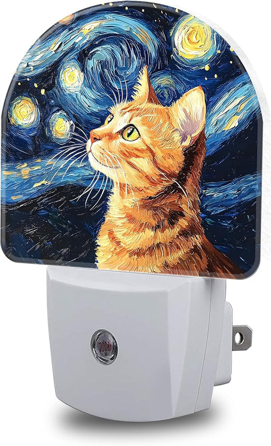Starry Night Night Light, Orange Cat Night Lights Plug into Wall Dusk to Dawn Sensor Round Nightlight for Women Men Energy Efficient Led Lamp 0.5W for Stairway Hallway Bedroom