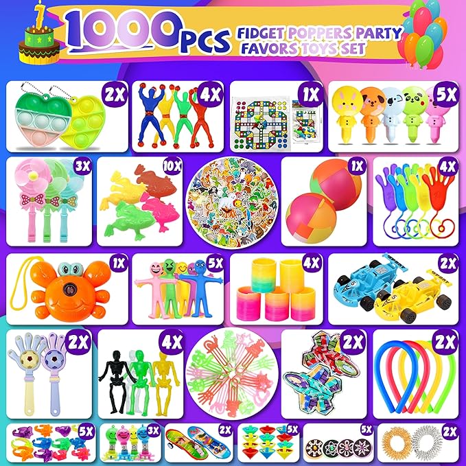 1000+ PCS Party Favors for Kids,Fidget Toys Pack,Christmas Stocking Stuffers,, Birthday Gift, Treasure Box,Goodie Bag Stuffers, Carnival Prizes, Toys Filler Sensory Toy for Classrooom