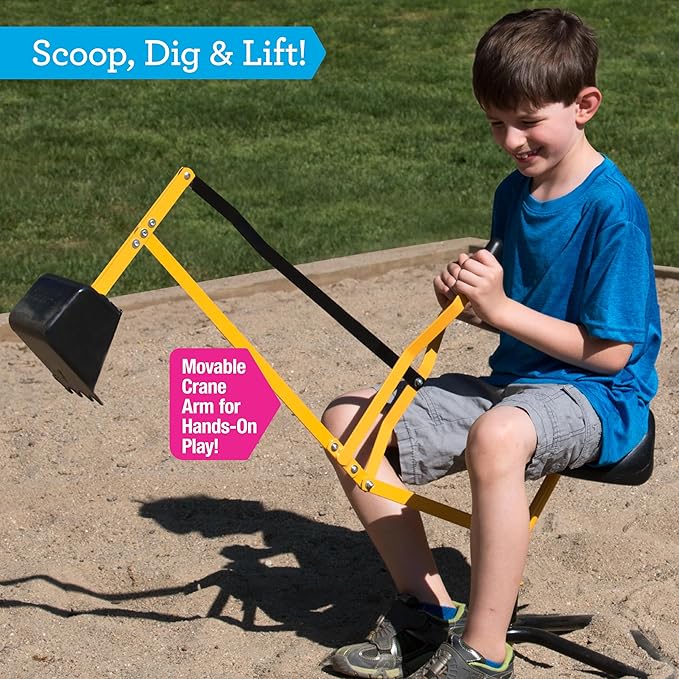 Ride on Crane Digger w Safer Stabilizing Base- Kids Outdoor Digging Excavator Play Toy-100lb Capacity- Swing & Scooper Grab Function, 360 Degrees Rotation Seat- Backyard Sandbox, Dirt, Snow- Xmas Gift