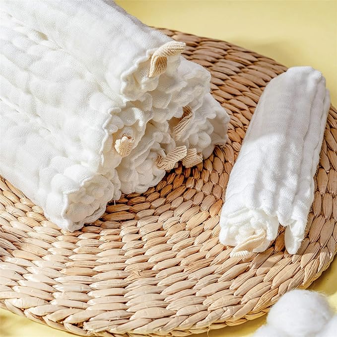 MUKIN Baby Muslin Washcloths, Natural Cotton, Soft Newborn Face Towel, 5 Pack, 12 x 12 inches (White)