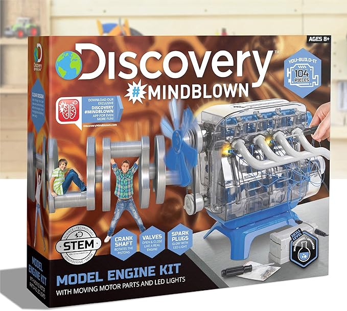 Discovery Model Engine Building Kit, DIY 4-Cylinder Combustion Engine, Working Pistons Fan Valves Belts LED Lights, STEM Mechanic Engineering Construction Experiment Set, Kids & Adults Gift