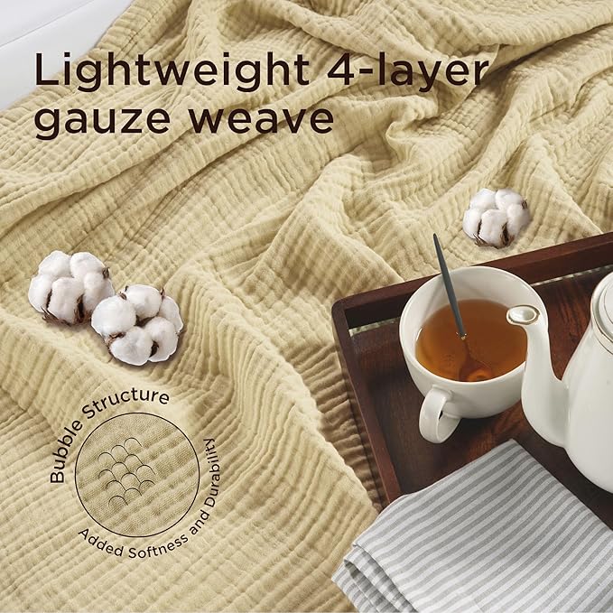 Threadmill Summer Muslin Twin Blanket | 4-Layer Gauze for Couch or Bed | Cozy All-Season Lightweight | 100% Cotton Ideal for Bed| Blanket