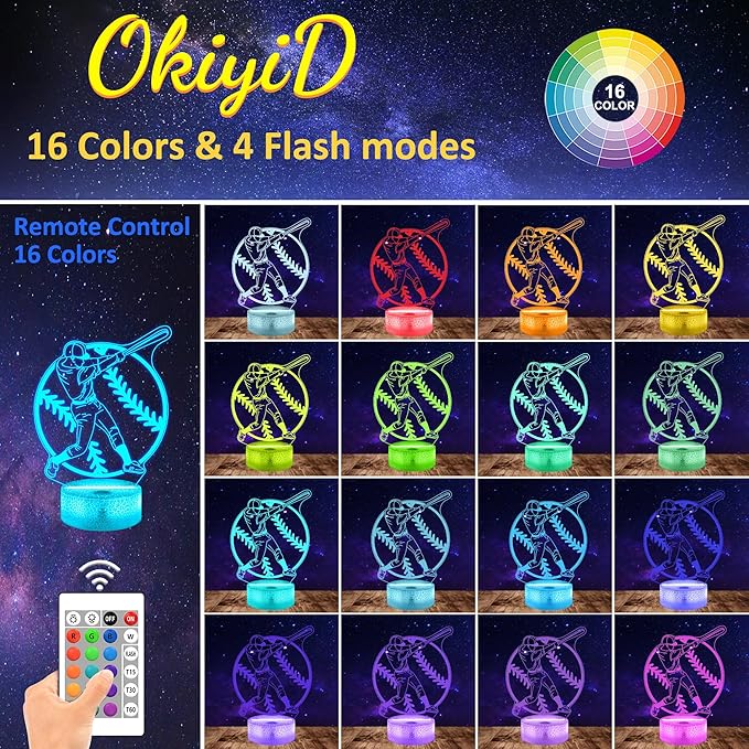 Baseball Gifts for Boys, Baseball 3D Illusion Lamp, Night Light with 16 Colors Remote Control, Decor for Kids Room, Boy Men Christmas Birthday Gifts