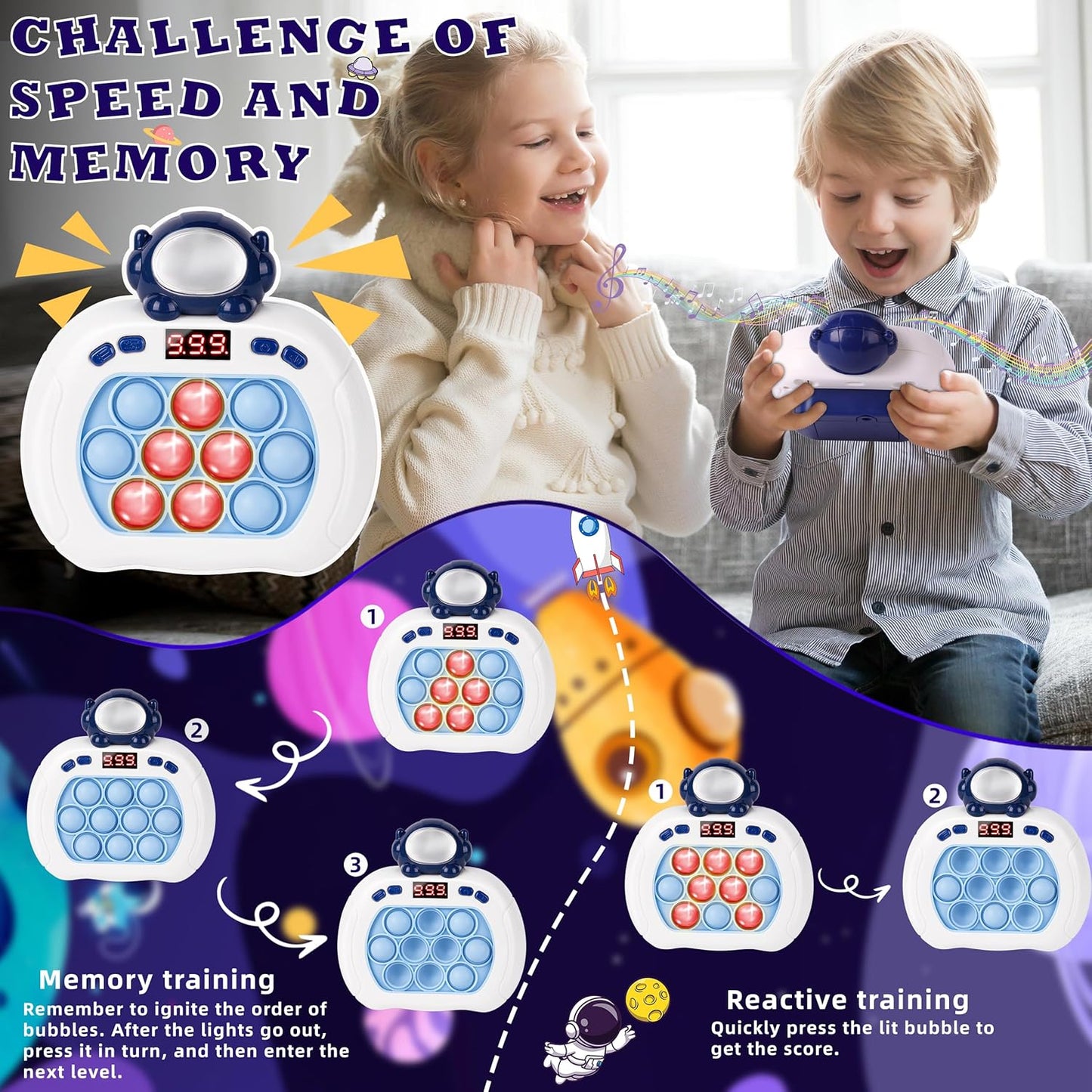 Upgraded Quick Push Game Pop Bubble Up Toys for Kids, Funny Toys with LED Screen for Kids 3-12 for Boys and Girls Bubble Stress,Handheld Puzzle Game Sensory Toys(Batteries Included)(Astronaut)