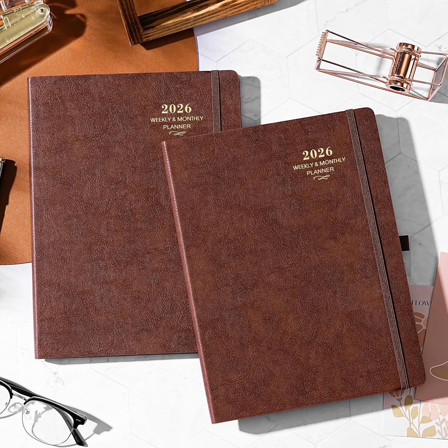 2026 Planner - JAN 2026 - DEC 2026, Planner 2026, Weekly and Monthly Planner, Leather Cover Calendar Planner with Thick Paper, Back Pocket with Notes Pages, Brown (8.5" x 11")