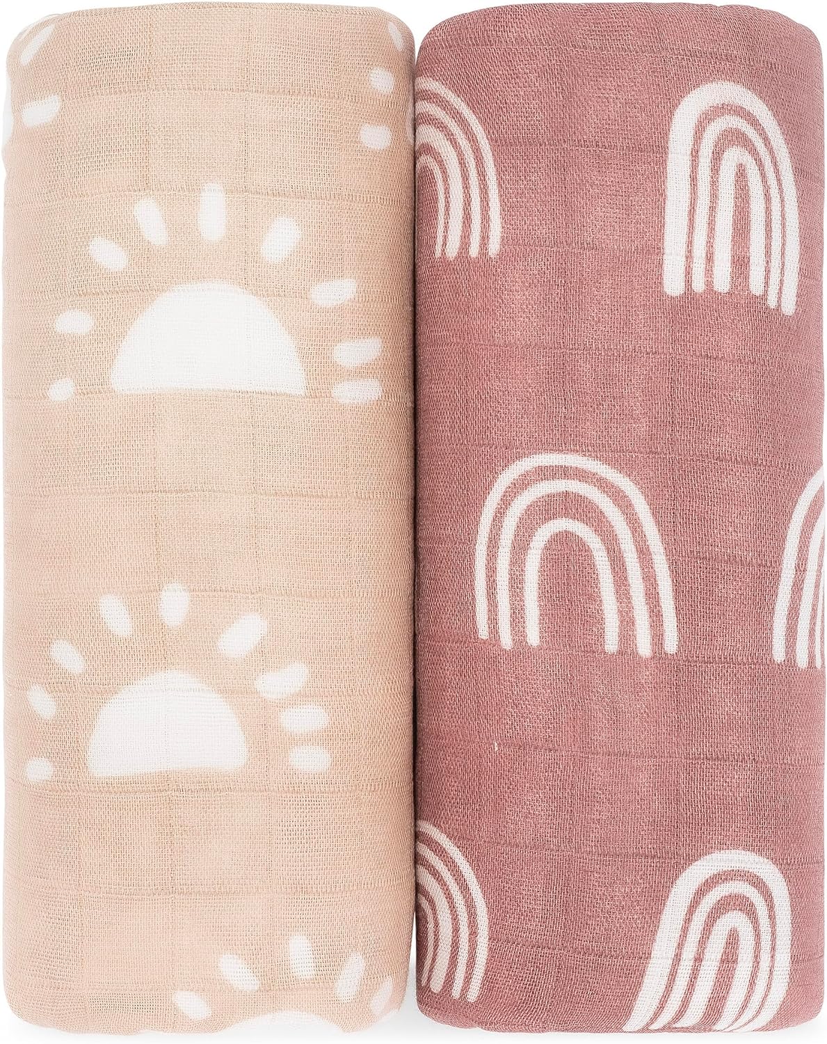 Comfy Cubs Muslin Swaddle Blankets Pack of 2 - 47 x 47 Inch Soft Cotton Baby Blanket Set, Large Multipurpose Wraps for Newborns - Self-Soothing Swaddles for Newborns - Sun & Rainbow
