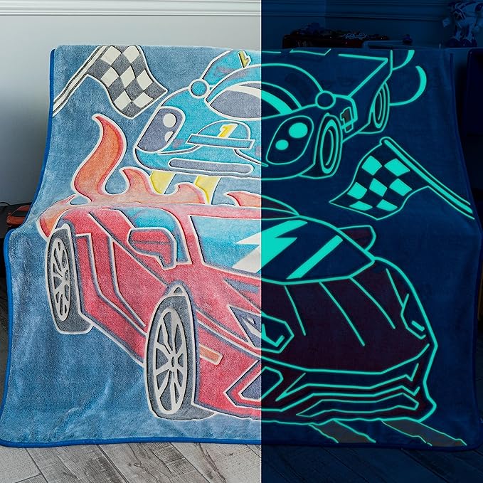Glow in the Dark Race Car Throw Blanket – Fun Birthday Gift for Kids Who Love Toy Cars & RC Cars. Cool Hot Rod Design with Wheels Burning on the Race Track. Great for Race Car Bed or Boys Room Décor.