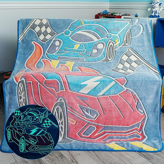Glow in the Dark Race Car Throw Blanket – Fun Birthday Gift for Kids Who Love Toy Cars & RC Cars. Cool Hot Rod Design with Wheels Burning on the Race Track. Great for Race Car Bed or Boys Room Décor.