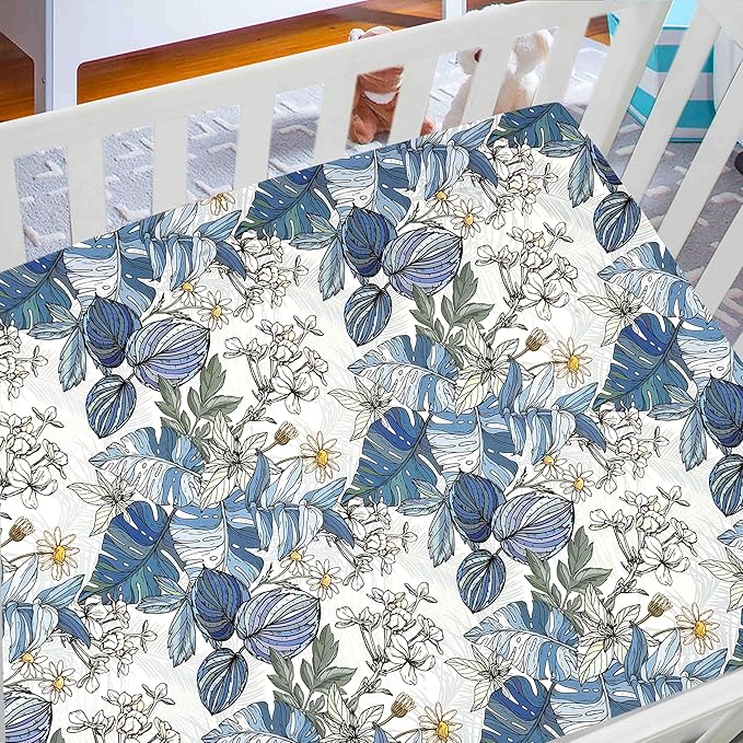 AMROSE 3 Pack Soft Floral Crib Sheets for Baby Girls, 28'' X 52'' Fitted Crib Sheets for Crib and Toddler Mattress Pad, Silk Touch Gentle Breathable Microfiber, Teal Blue Green