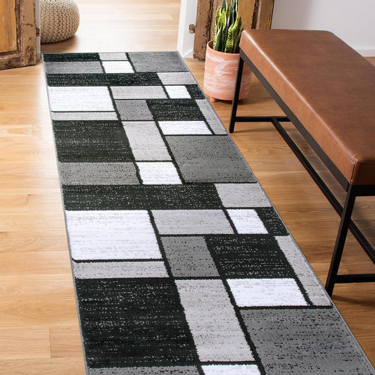 Contemporary Modern Boxes Grey Area Rug Runner 2' x 7' 2"
