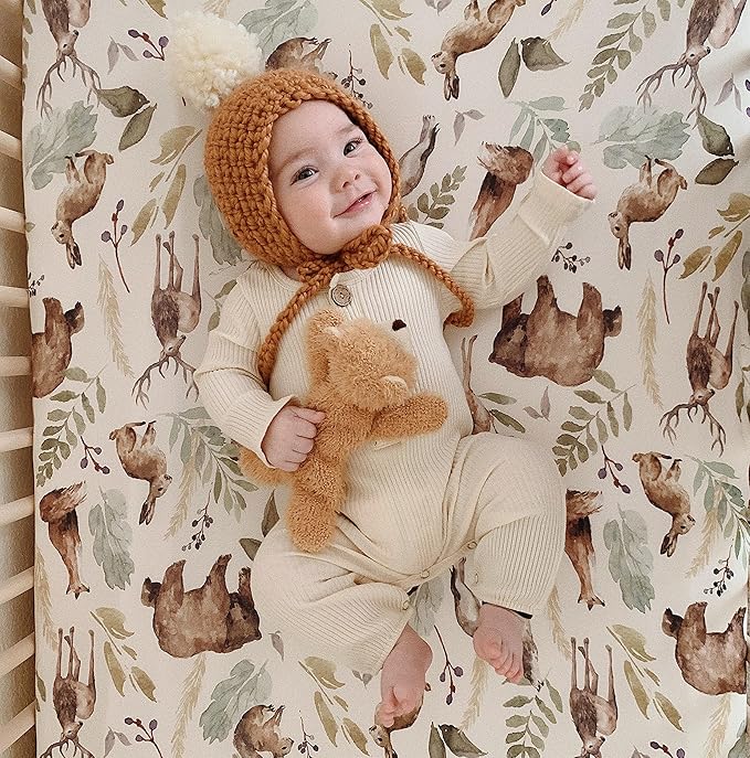 Pobibaby - Premium Single Fitted Baby Boy Crib Sheets for Standard Crib Mattress - Ultra-Soft Cotton Blend, Safe and Snug, and Stylish Woodland Crib Sheet (Wildlife Animal)