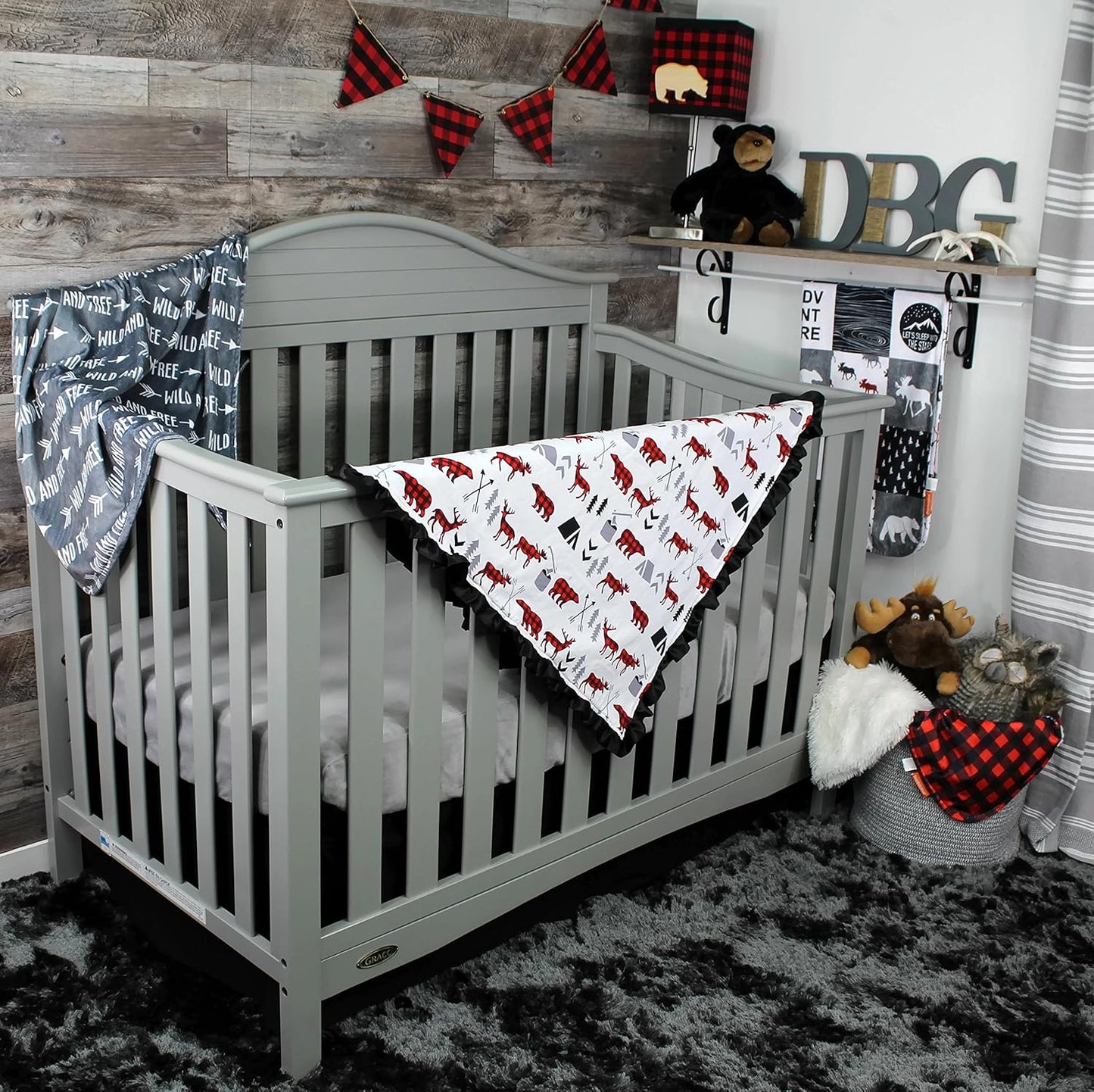 Dear Baby Gear Baby Blankets, Woodland Adventure Bear Moose Lumberjack Plaid, Minky Black, 32 Inches by 32 Inches