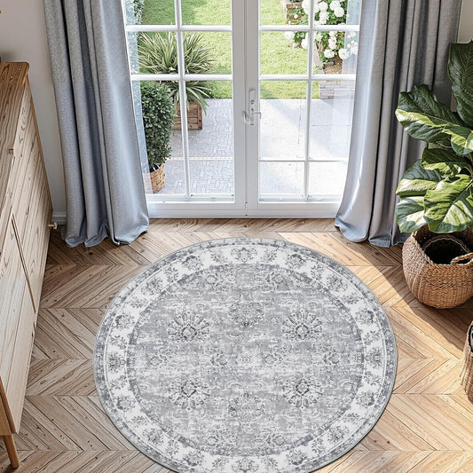 jinchan Round Rug 5ft Area Rug - Indoor Vintage Hallway Circle 5' Washable - Ultra-Thin Low Pile Soft Small Non Slip Distressed Floral Print for Living Room Dining Room Bedroom Entryway Grey