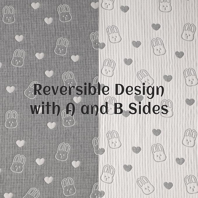 NTBAY 3 Layer Oversized Muslin Cotton Toddler Blanket, Jacquard Reversible Nursery Bed Blanket, Super Soft and Thermal for All Seasons, Baby Gift, 45"x60", Dark Grey Rabbit