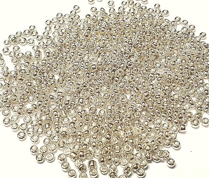 Perlin Glass Seed Beads 4mm 6/0 Round Mini Small Pony Spacer Beads 1100pcs for Jewelry Making Earrings Bracelets Pendants Waist DIY Handmade Metallic Color Kit (Silver Shiny)