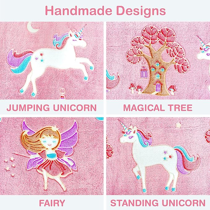 Glow in The Dark Unicorn Blanket for Girls – Soft Pink Fleece Throw. Great Christmas, Birthday, Baby, Toddler Unicorn Gifts for Girls, Fairy, Butterfly, Stars. Bright Long-Last Glow