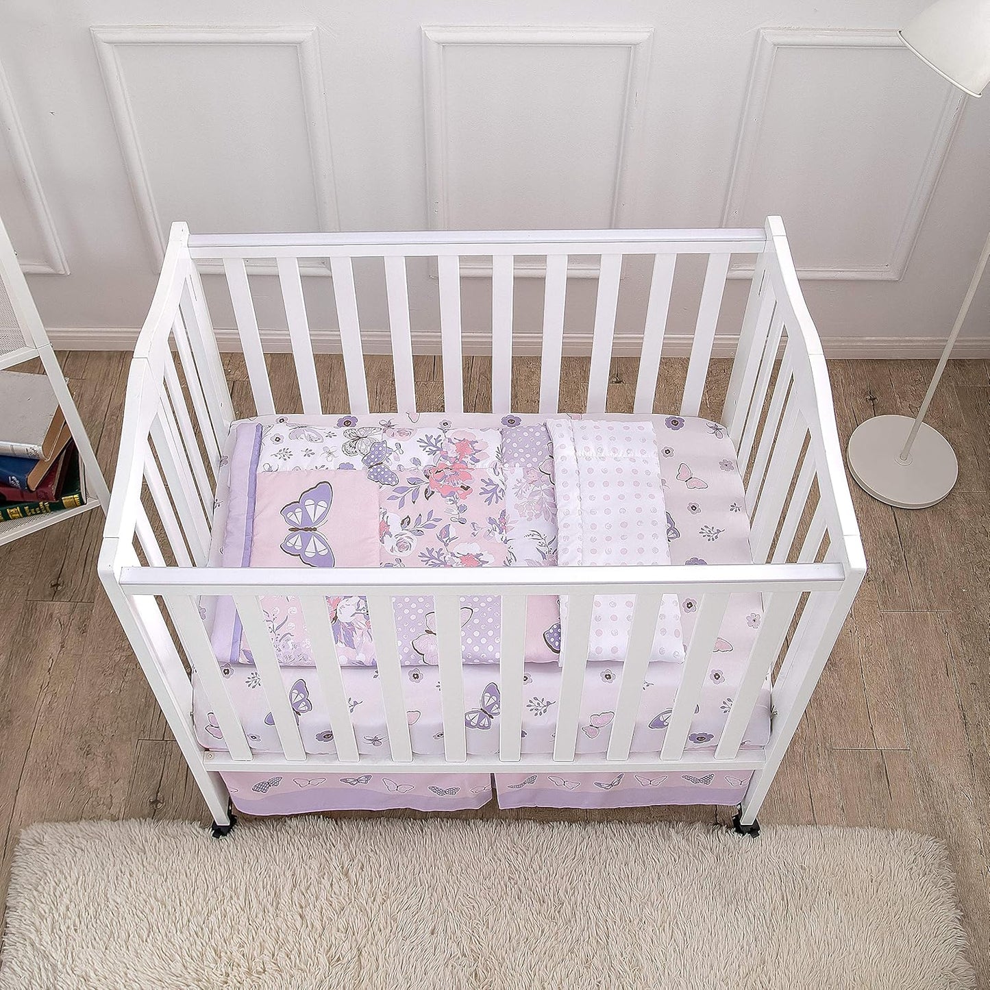 La Premura Baby Mini Crib Bedding Set for Girls, Pastel Purple Butterfly, 3 Piece Crib Set for Nursery Portable Crib, Purple and Pink