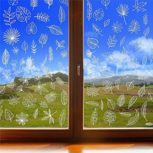 90 PCS Leaf Window Clings - Double Sided White Leaves Stickers - 90 Designs - Reusable Window Decals - Static Clings - Bird Alert - Prevent Bird Strikes